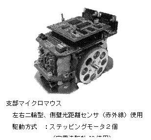 テキスト ボックス:  
支部マイクロマウス
　左右二輪型、側壁光距離センサ（赤外線）使用
　駆動方式　：ステッピングモータ２個
　　　　　　　（定電流駆動IC使用）
　制御ＣＰＵ：Ｈ８／３０６７Ｆ
